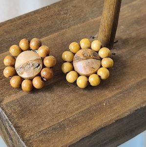 Vintage Wood boho bead cluster clip on earrings